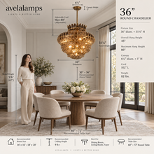 36 inch round amber glass chandelier in brass finish size guide shown above a 60 to 72 inch round dining table, ideal for dining rooms, living rooms and foyers with 9 ft+ ceilings