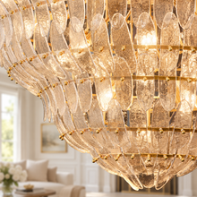 Amelian Glass Round Chandelier in Brass, Clear, 36", Living Room