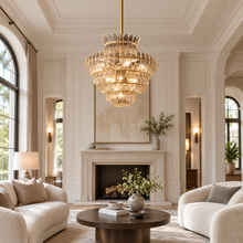 Amelian Round Seeded Glass Chandelier, 36-inch brass clear glass contemporary chandelier for dining room, foyer, round dining table, and living room