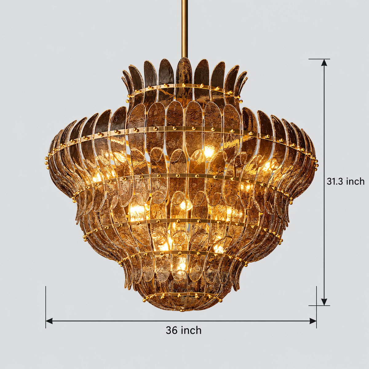 Amelian Glass Round Chandelier in Brass, Smoke, 36", Main Light Off