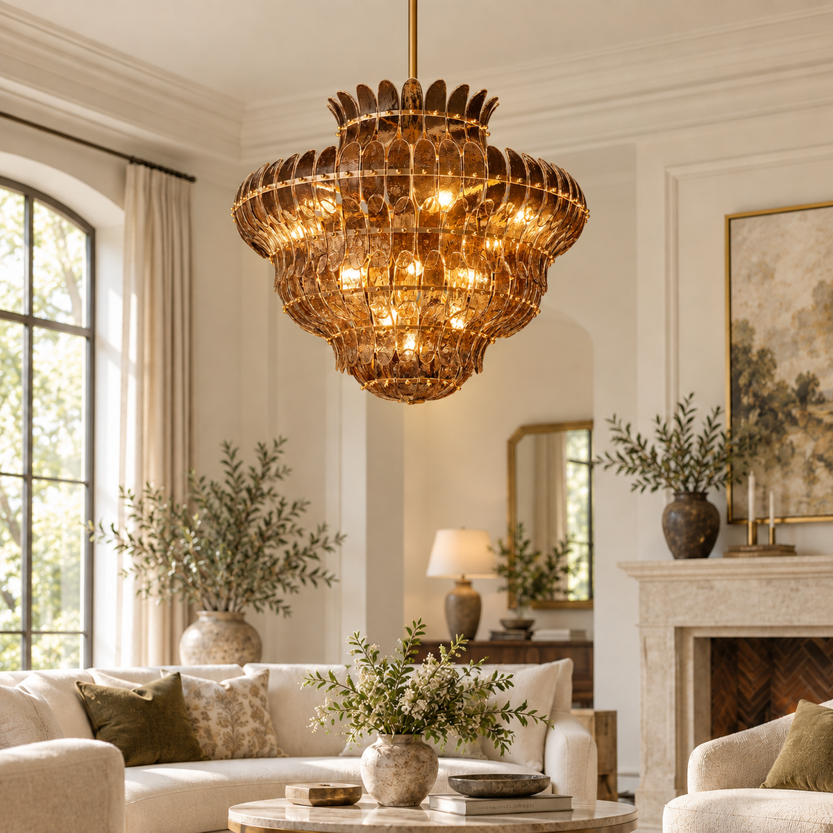 Amelian Round  Glass Chandelier, 36-inch brass smoke glass modern chandelier for dining room, foyer, round dining table, and statement lighting