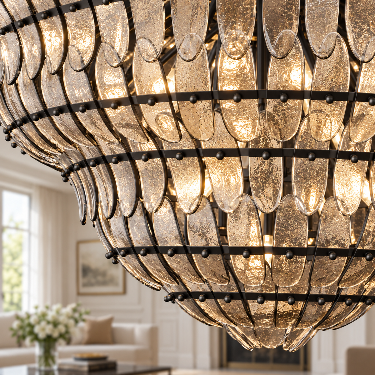 Amelian Glass Round Chandelier in Bronze, Clear, 36", Living Room