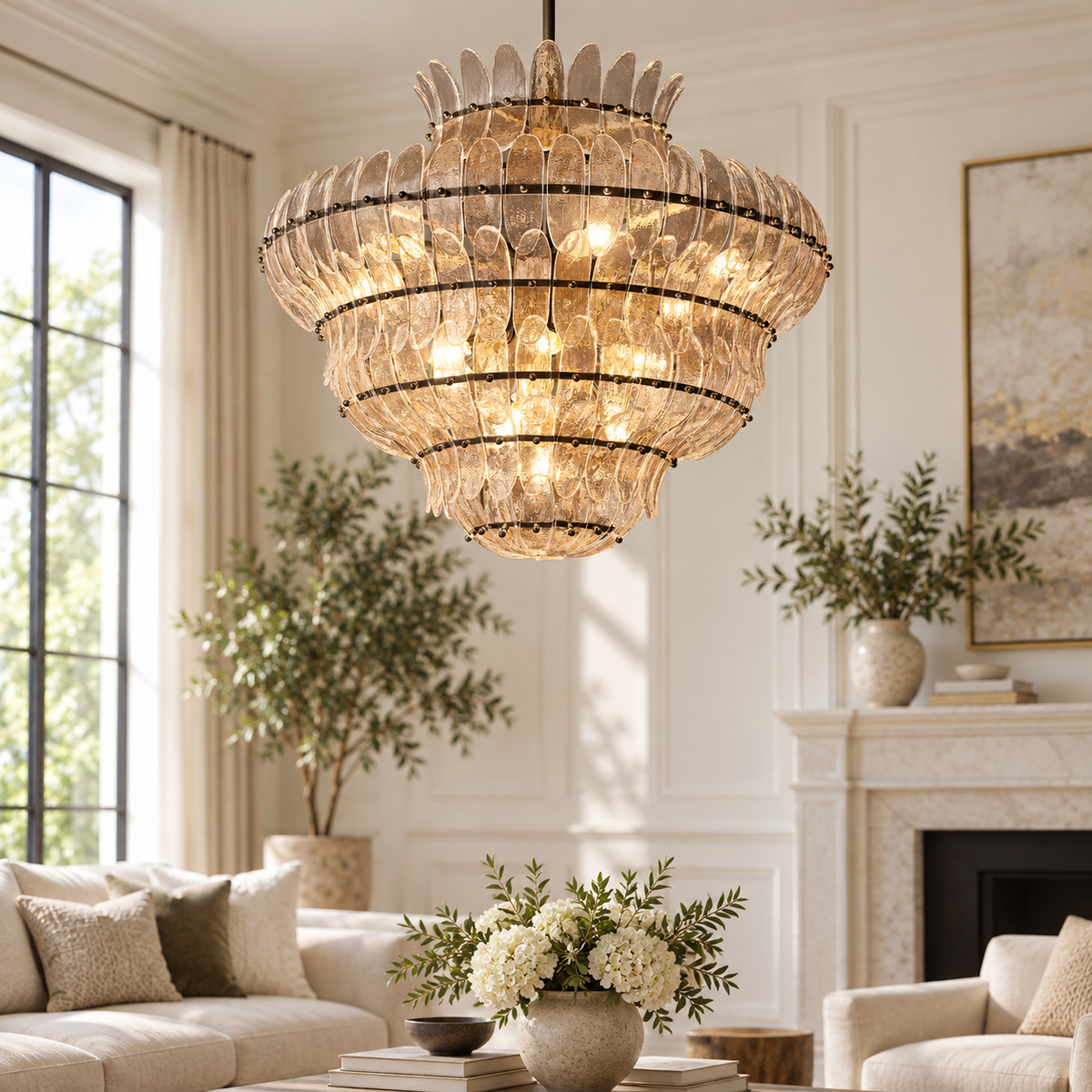 Amelian Round Seeded Glass Chandelier, 36-inch bronze clear glass modern classic chandelier for dining room, foyer, living room, and round table