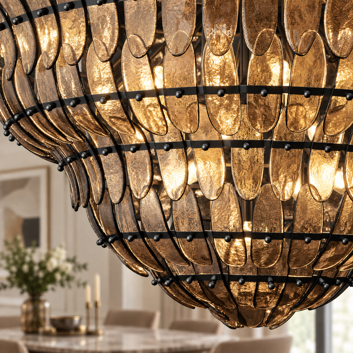 Amelian Glass Round Chandelier in Bronze, Smoke, 36", Living Room