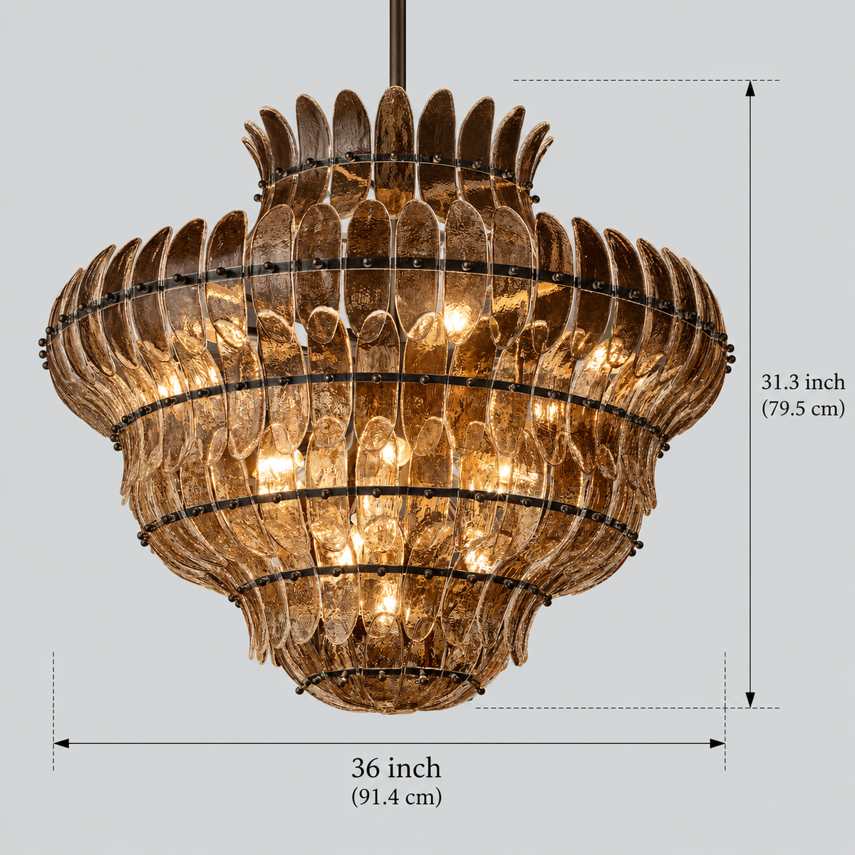 Amelian Glass Round Chandelier in Bronze, Smoke, 36", Main Light Off