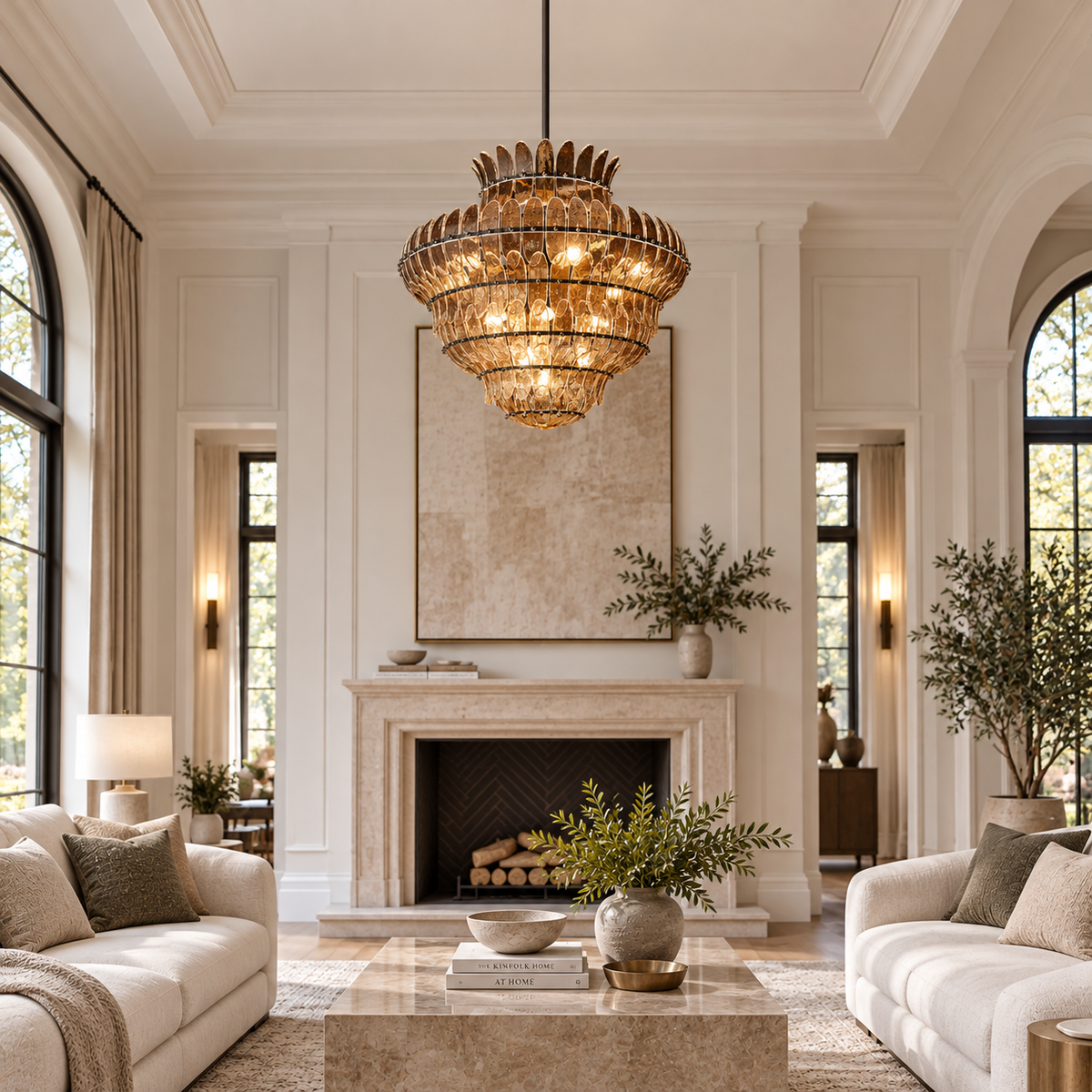 Amelian Round Seeded Glass Chandelier, 36-inch bronze smoke glass transitional chandelier for dining room, living room, entryway, and statement lighting
