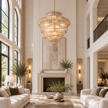 Amelian Round Seeded Glass Chandelier, 48-inch brass clear glass contemporary large chandelier for dining room, grand foyer, high ceiling living room, and great room