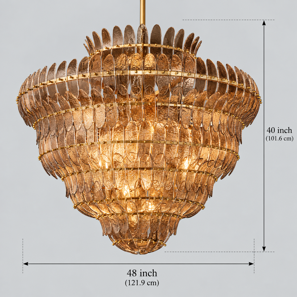 Amelian Glass Round Chandelier in Brass, Smoke, 48", Main Light Off