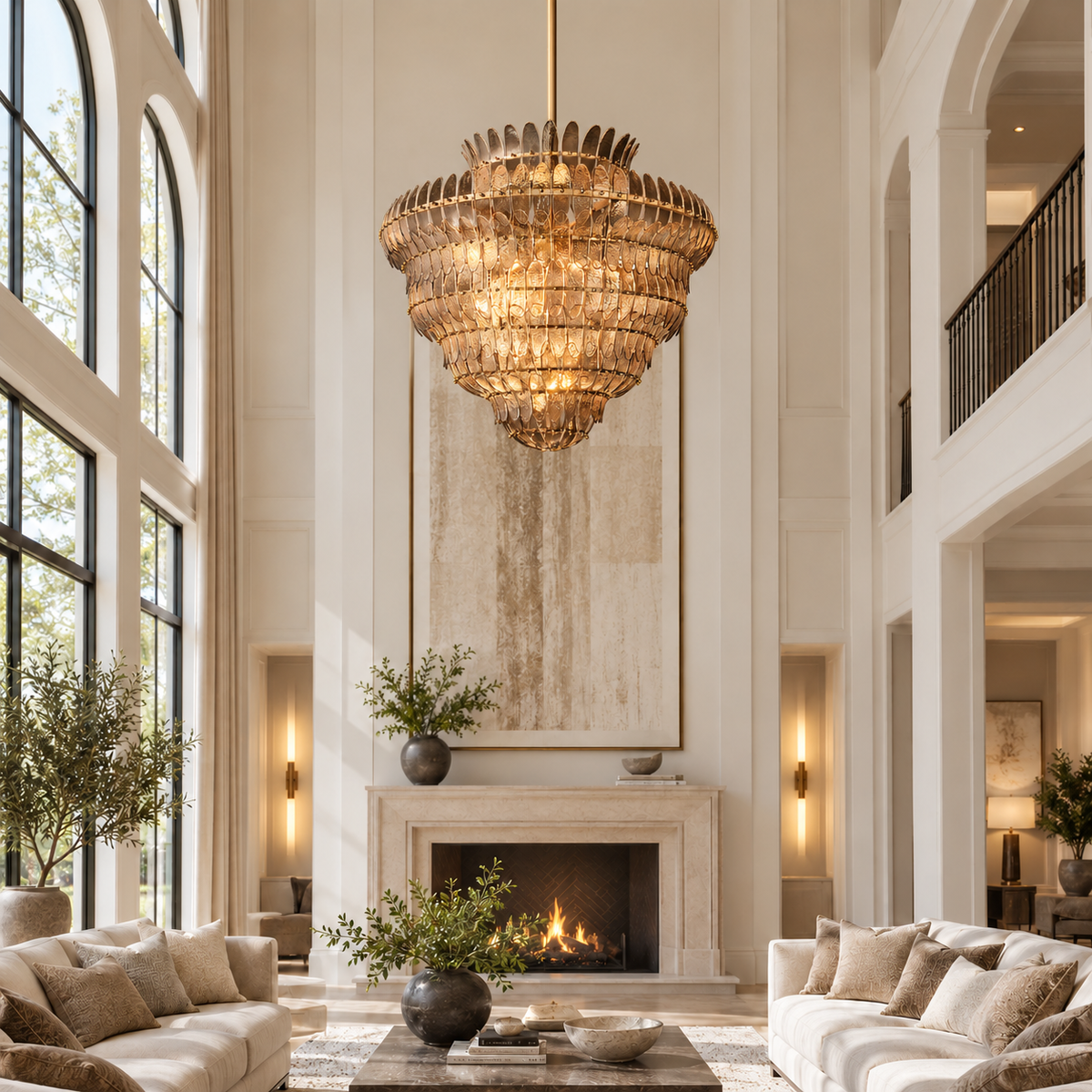 Amelian Round Seeded Glass Chandelier, 48-inch brass smoke glass large modern chandelier for grand dining room, high ceiling foyer, great room, and statement lighting