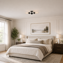 Andreas Fluted Glass Flushmount Light in Black, Bedroom Scene