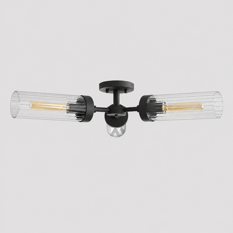 Andreas Fluted Glass Flushmount Light in Black, Main Light Off