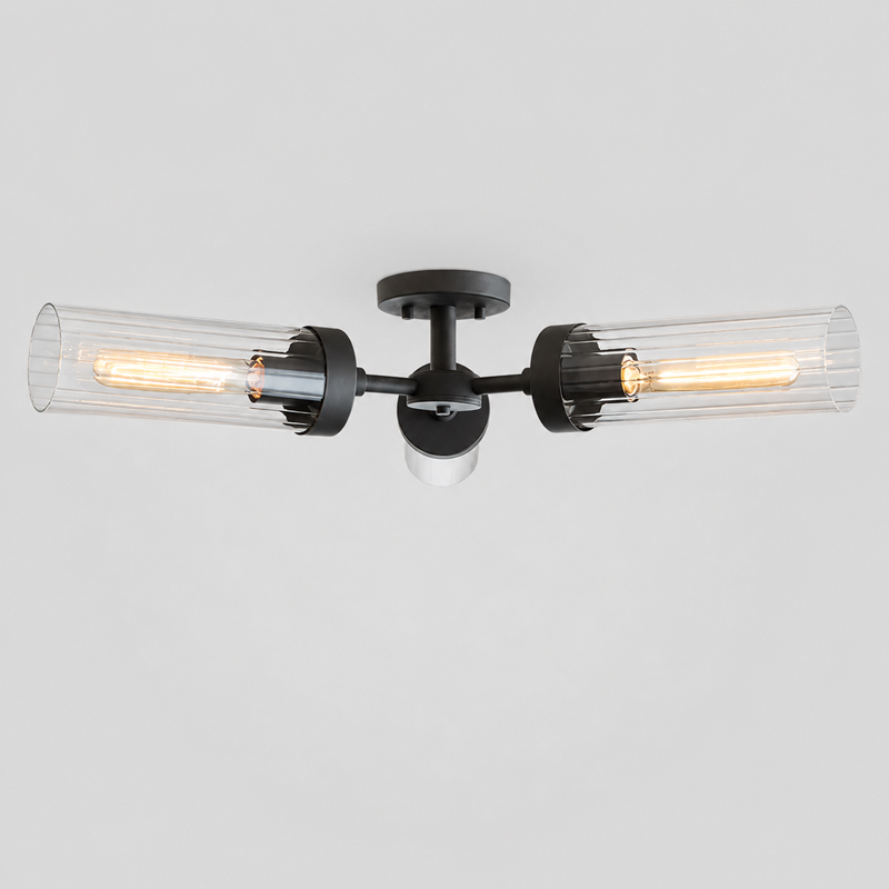Andreas Fluted Glass Flushmount Light in Black, Main Light On