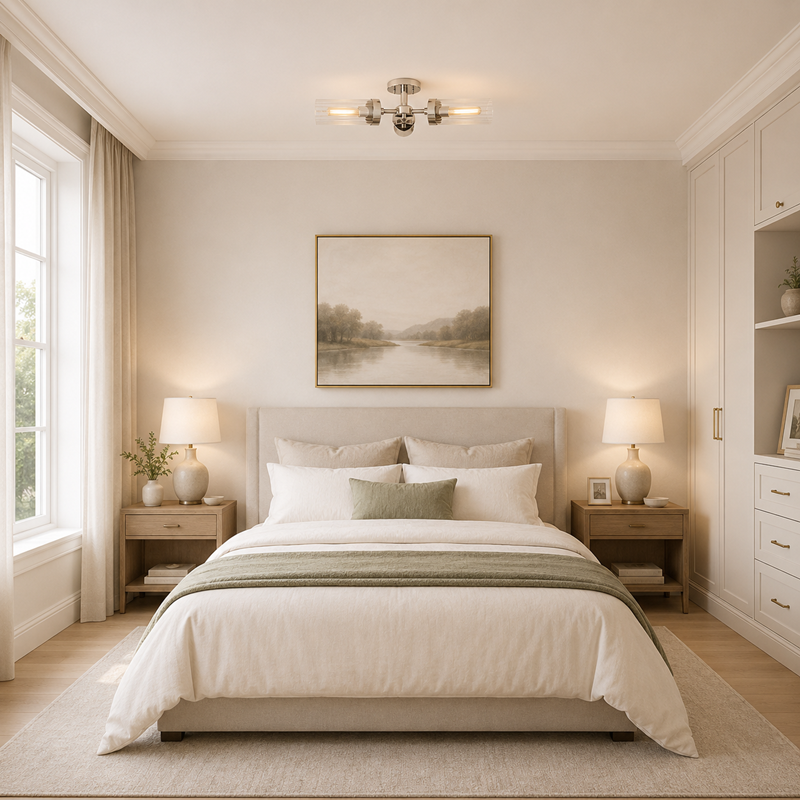 Andreas Fluted Glass Flushmount Light in Nickel, Bedroom Scene