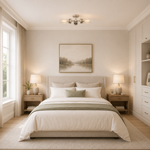 Andreas Fluted Glass Flushmount Light in Nickel, Bedroom Scene