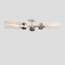 Andreas Fluted Glass Flushmount Light in Nickel, Main Light On