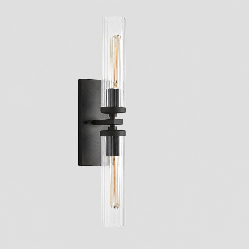 24" Andreas Fluted Glass Wall Light in Black, Main Light Off