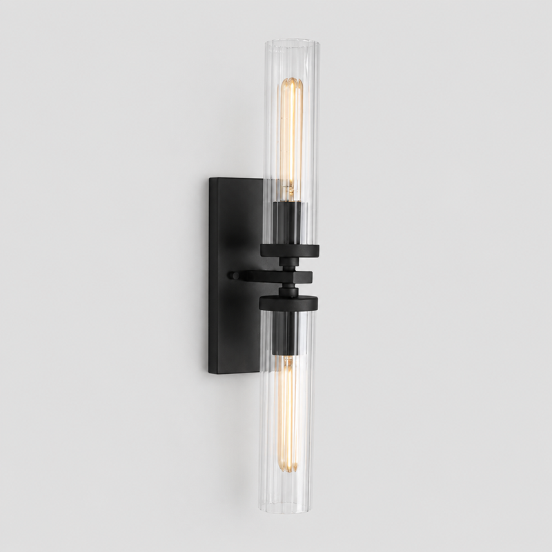 24" Andreas Fluted Glass Wall Light in Black, Main Light On