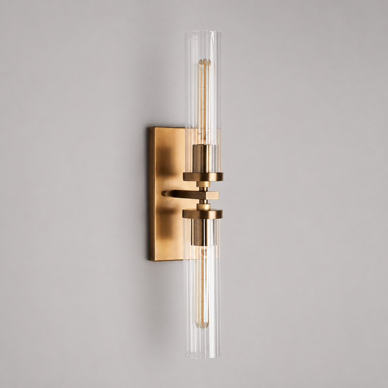 24" Andreas Fluted Glass Wall Light in Brass, Main Light On