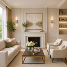 24" Andreas Fluted Glass Wall Light in Nickel, Living Room Scene