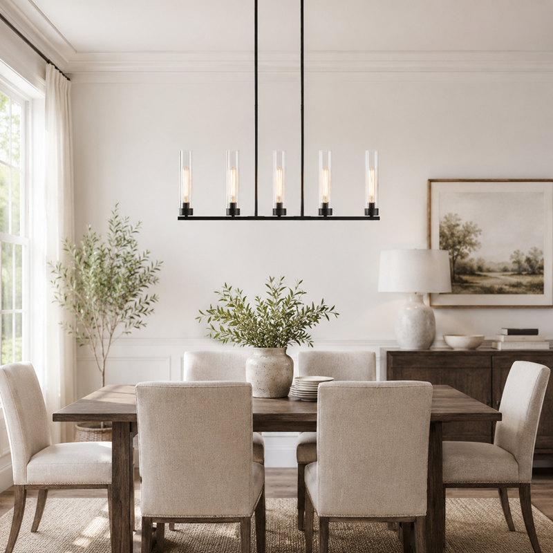 31.5" Andreas Linear Fluted Glass Chandelier in Black, Dining Room