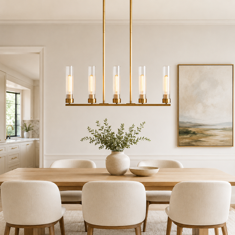 31.5" Andreas Linear Fluted Glass Chandelier in Brass, Dining Room