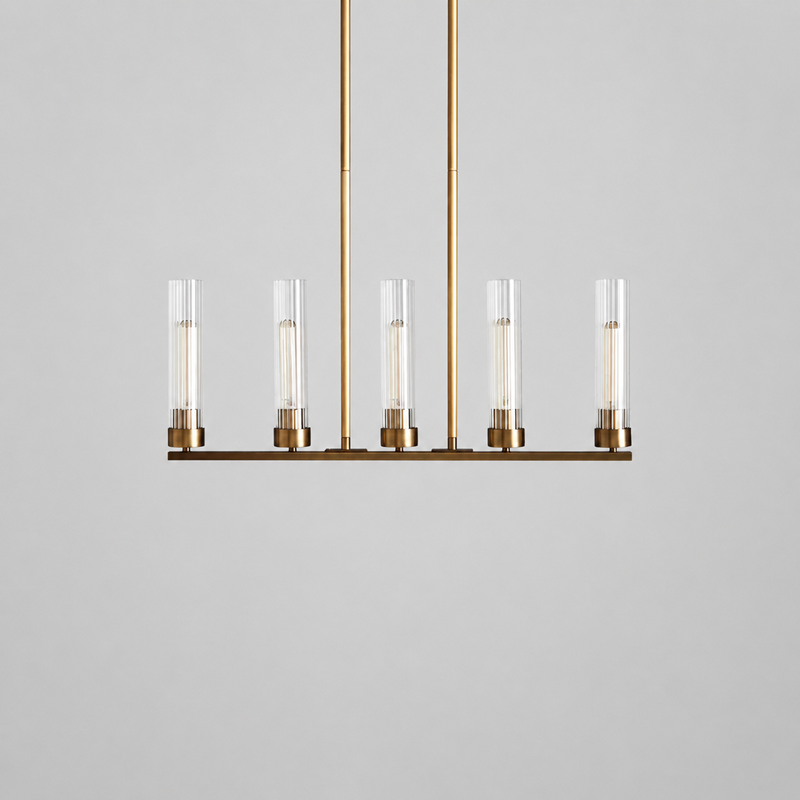 31.5" Andreas Linear Fluted Glass Chandelier in Brass, Main Light Off