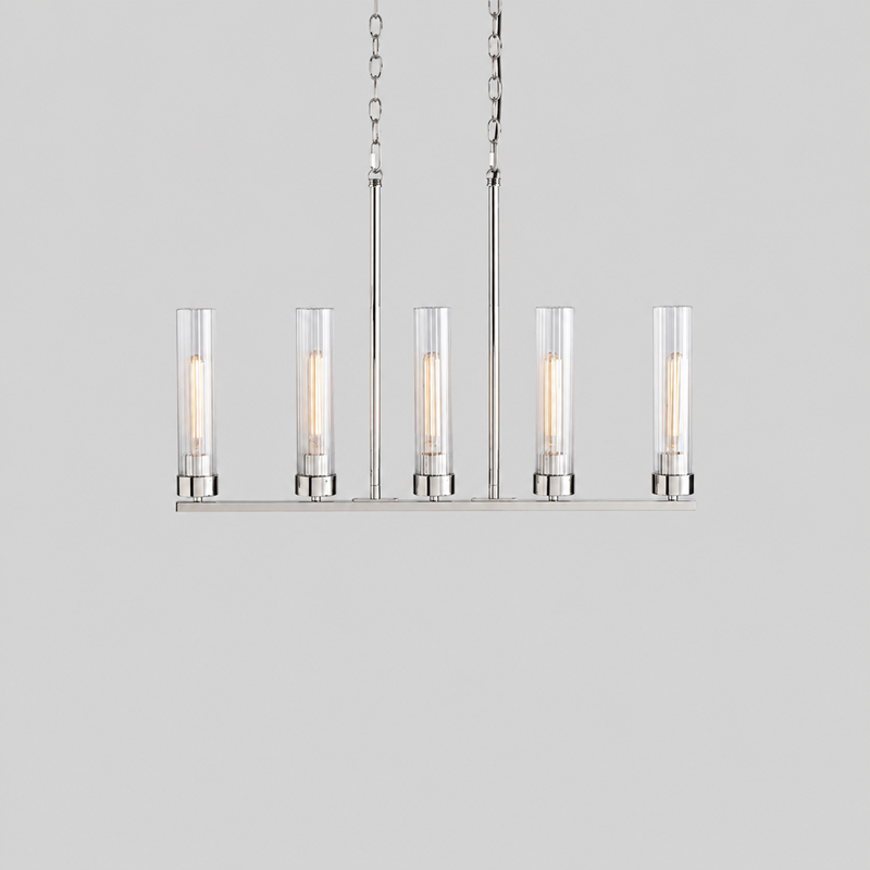 31.5" Andreas Linear Fluted Glass Chandelier in Nickel, Main Light On