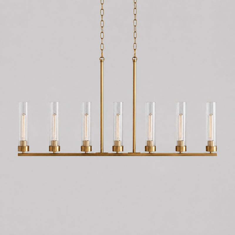 46" Andreas Linear Fluted Glass Chandelier in Brass, Main Light Off