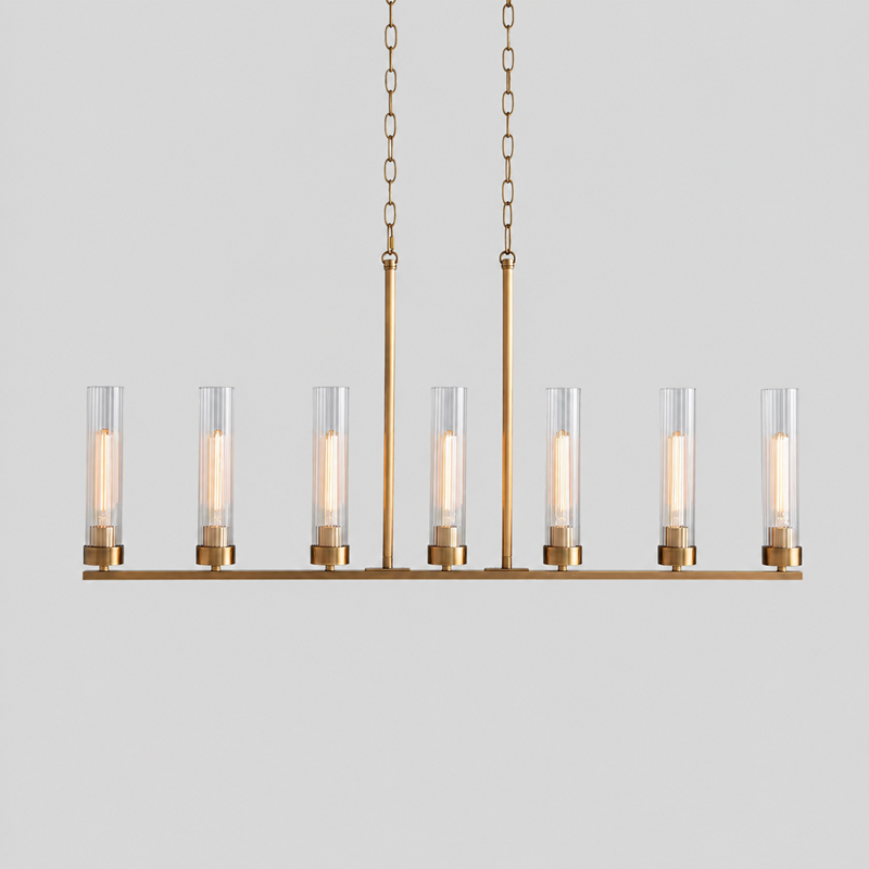 46" Andreas Linear Fluted Glass Chandelier in Brass, Main Light On