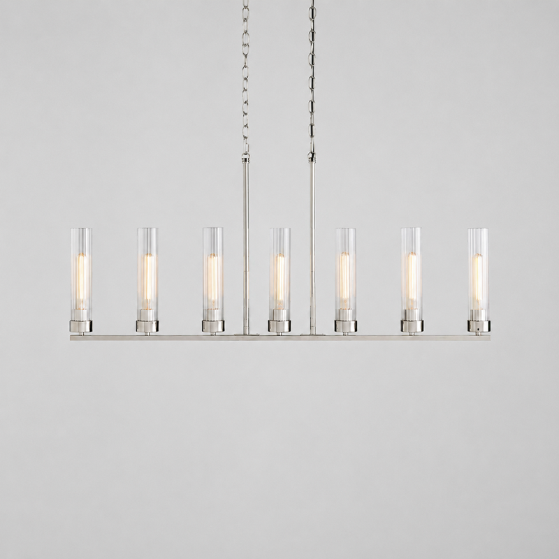 46" Andreas Linear Fluted Glass Chandelier in Nickel, Main Light On