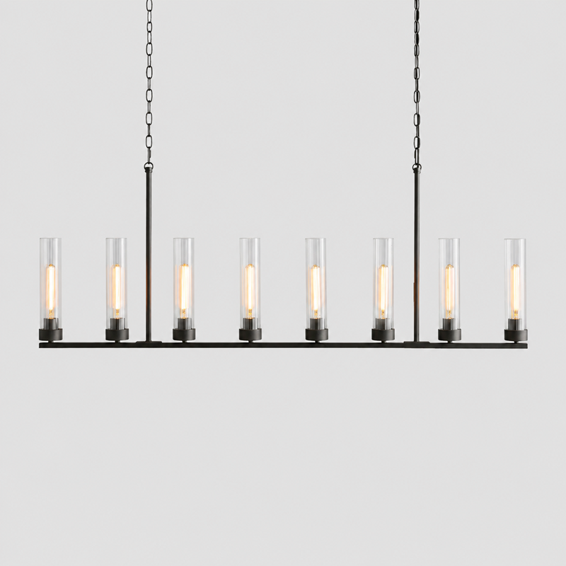 54" Andreas Linear Fluted Glass Chandelier in Black, Main Light On