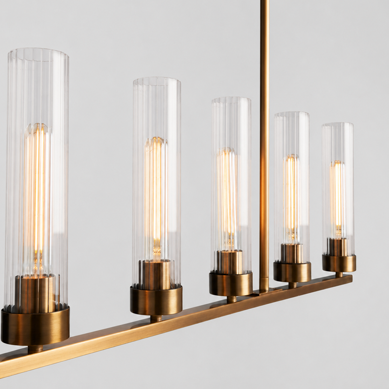 54" Andreas Linear Fluted Glass Chandelier in Brass, Body Detail