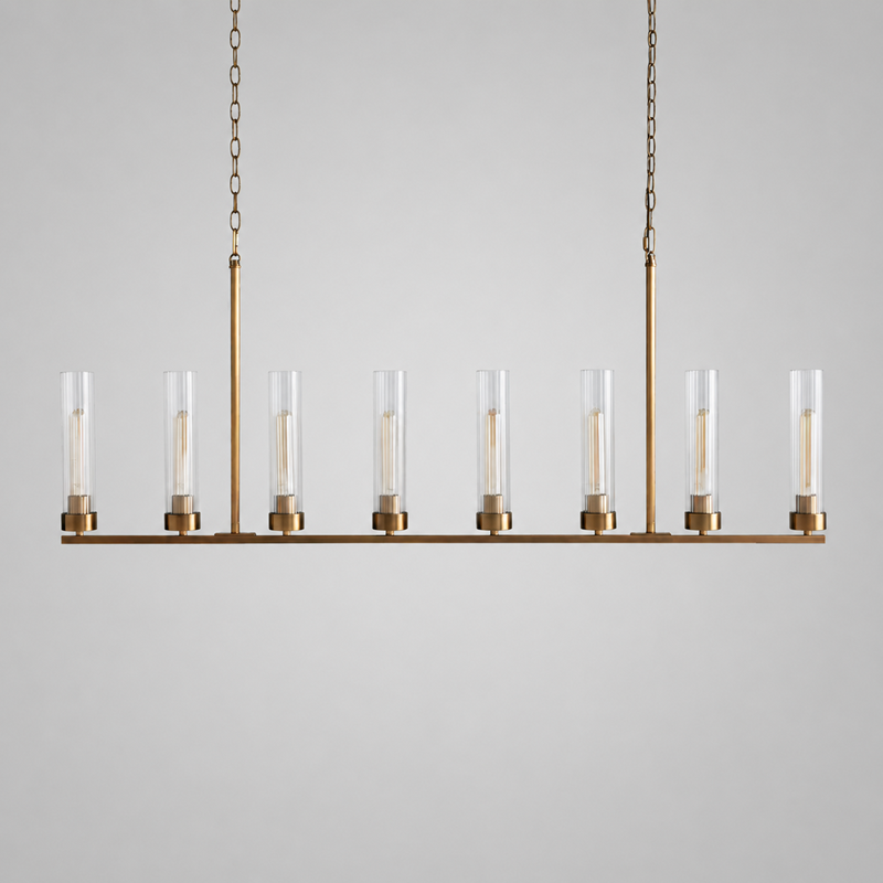 54" Andreas Linear Fluted Glass Chandelier in Brass, Main Light Off