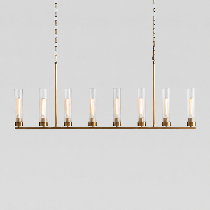 54" Andreas Linear Fluted Glass Chandelier in Brass, Main Light On