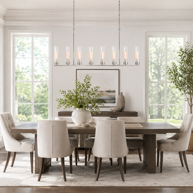 54" Andreas Linear Fluted Glass Chandelier in Nickel, Dining Room