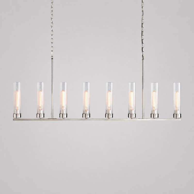 54" Andreas Linear Fluted Glass Chandelier in Nickel, Main Light On