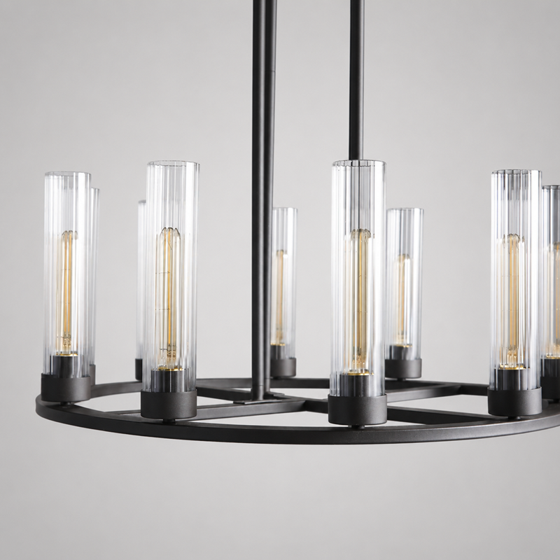 30" Andreas Round Fluted Glass Chandelier in Black, Body Detail