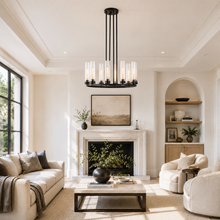 30" Andreas Round Fluted Glass Chandelier in Black, Dining Room