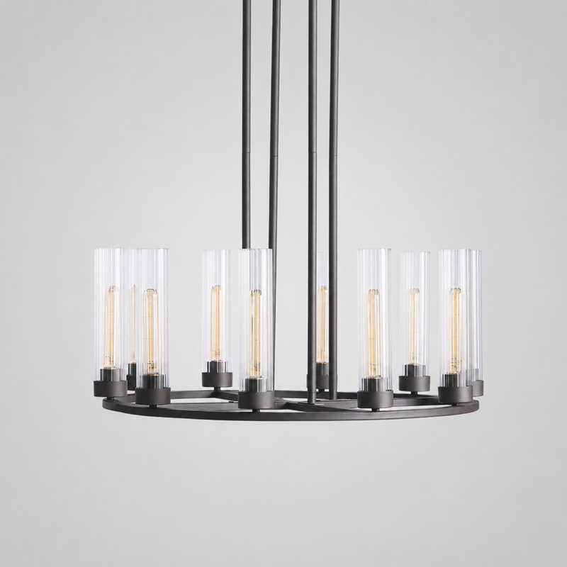 30" Andreas Round Fluted Glass Chandelier in Black, Main Light Off