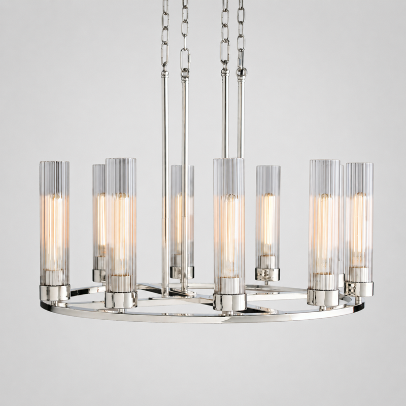 30" Andreas Round Fluted Glass Chandelier in Nickel, Main Light On