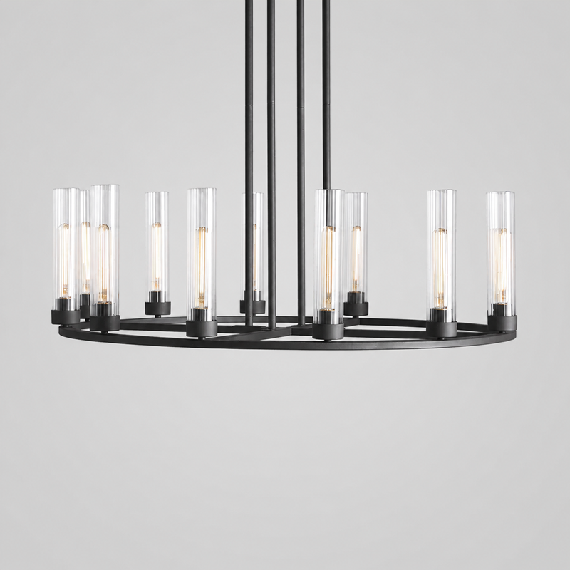 40" Andreas Round Fluted Glass Chandelier in Black, Main Light Off