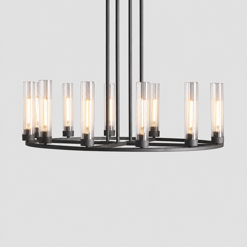 40" Andreas Round Fluted Glass Chandelier in Black, Main Light On
