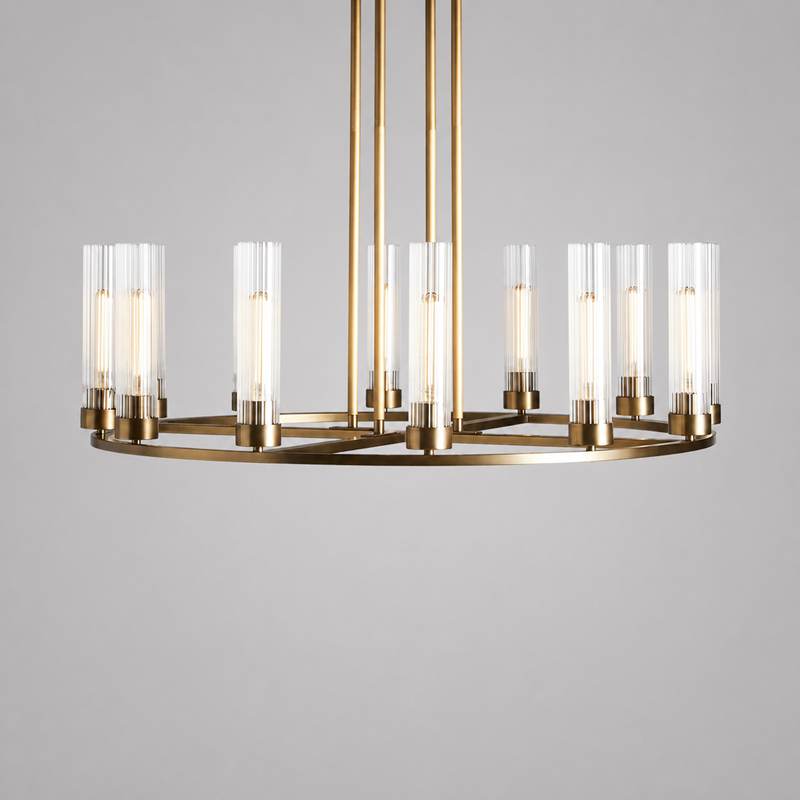 40" Andreas Round Fluted Glass Chandelier in Brass, Main Light On