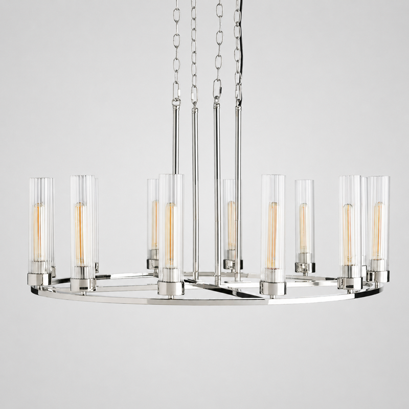 40" Andreas Round Fluted Glass Chandelier in Nickel, Main Light Off
