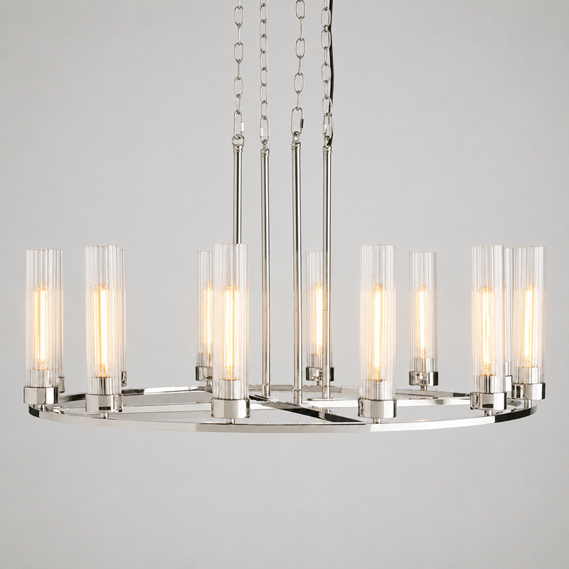 40" Andreas Round Fluted Glass Chandelier in Nickel, Main Light On