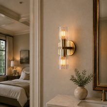 Arcachor Faceted Crystal Wall Lighting in Brass, Main Light On