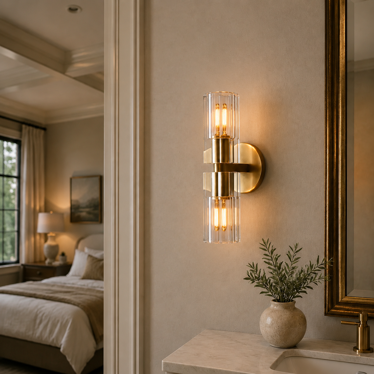 Arcachor Faceted Crystal Wall Lighting in Brass, Main Light On