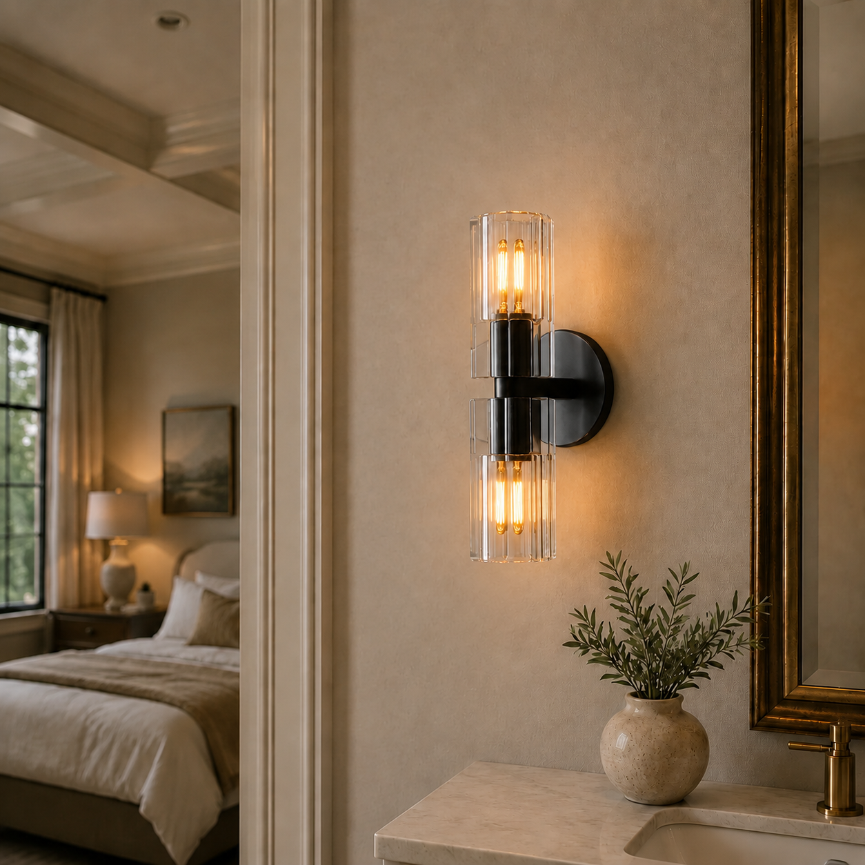 Arcachor Faceted Crystal Wall Lighting in Bronze, Main Light On