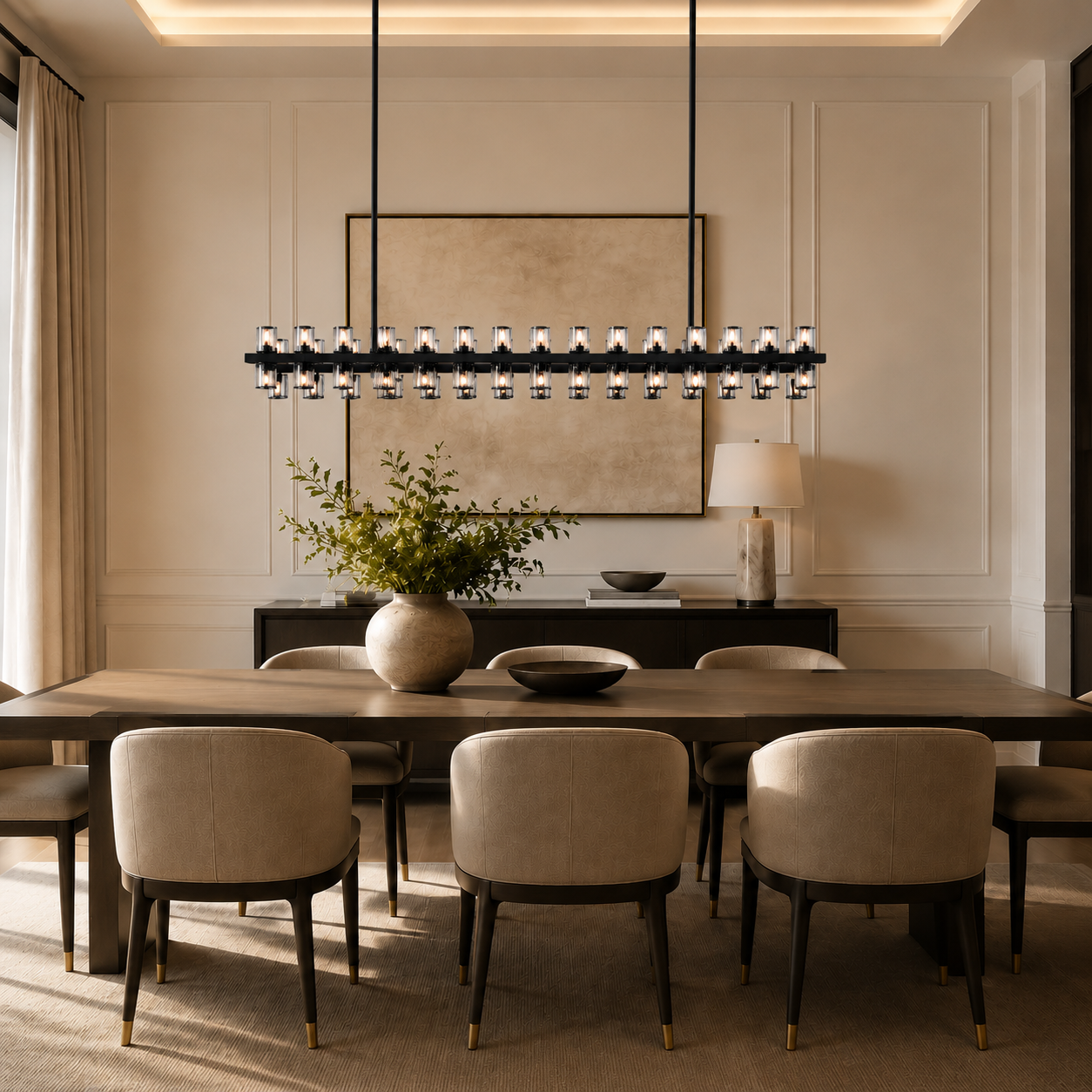 Arcachor Rectangular Faceted Crystal Chandelier in Bronze, 54", Main Light On