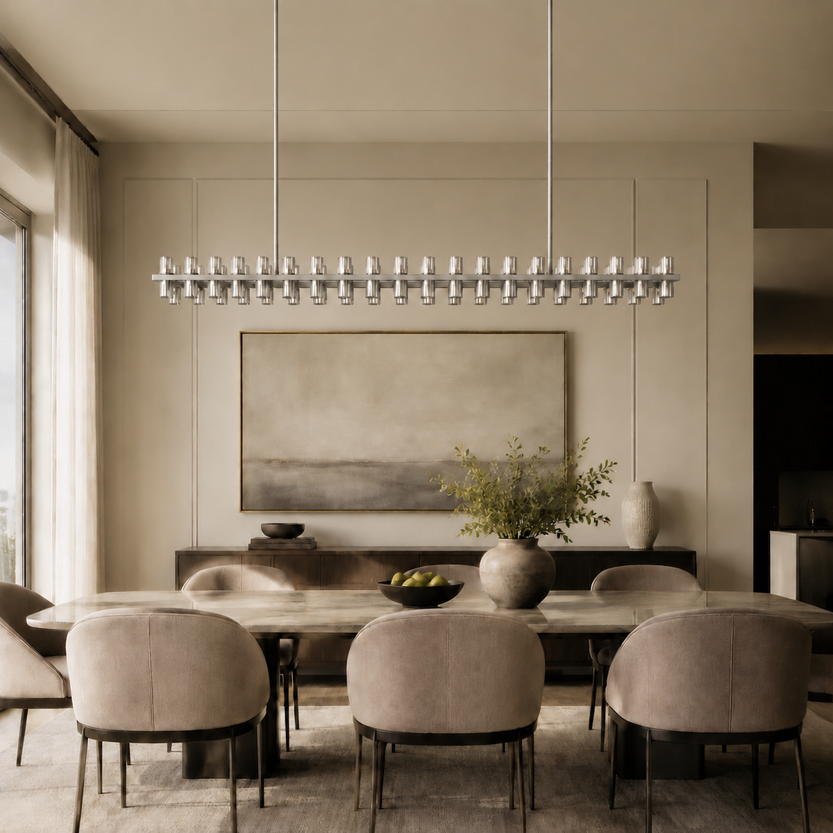 Arcachor Rectangular Faceted Crystal Chandelier in Nickel, 72", Main Light Off